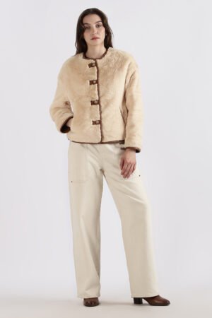 Capri Faux Fur Cropped Jacket With Sheepskin Leather Trim Brown